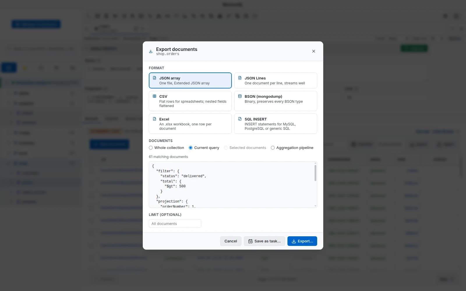 The MotionQL export dialog with format options